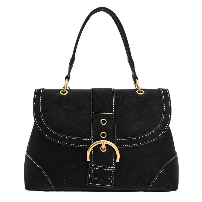 Vintage Suede Handbag Women With Gold Buckle Ctrast Stitching Shoulder Bag Elegant Designer-style Versatile Date Crossbody Bag