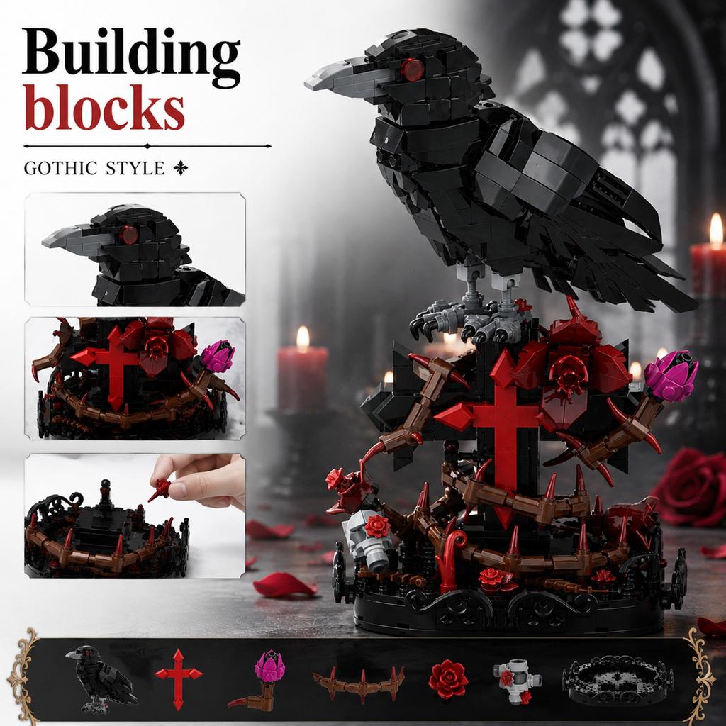 Halloween Gothic Cross and Building Set, Creative Brick Model Kit for Shelf Table Decor