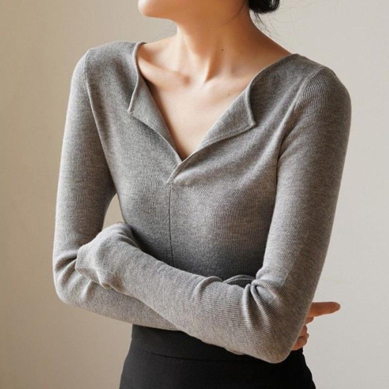 

French-style Temperament Gray V-neck Knitwear for Women Thin Style High-sense Slim Fit Slimming Inner Base Layer Sweater Top S сірий колір