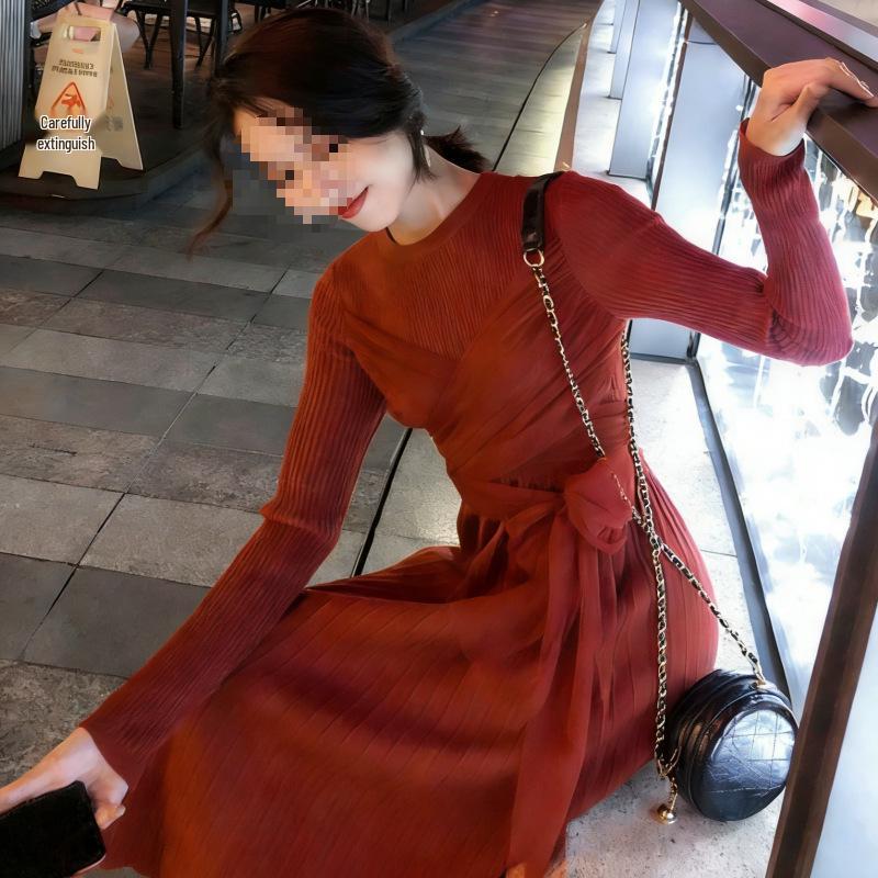 Lightly Mature French Retro Rust Red Cross-Strap Knit Dress With Waist-Cinch - Women's Autumn/Winter A-Line Mid-Length Skirt