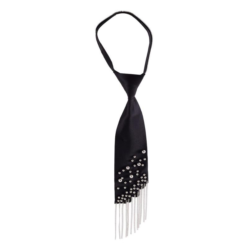 Cravatta con frange, perle e strass, design Meier Heavy Industry, raso nero