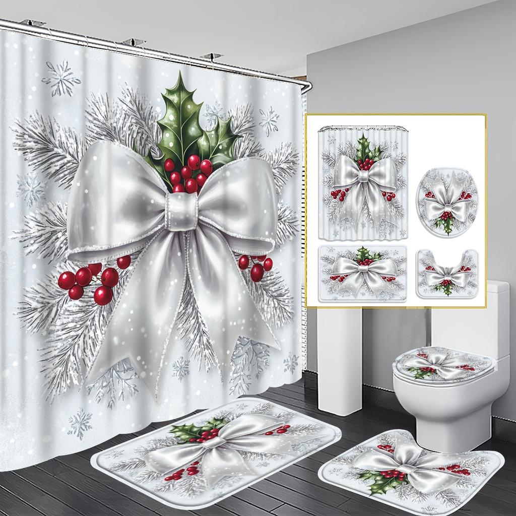 4Pcs 2D Flat Christmas Gift Shower Curtain Set with Non-Slip Bath Mat, Toilet Lid Cover, Contour Rug & 12 Hooks, Bathroom Decor