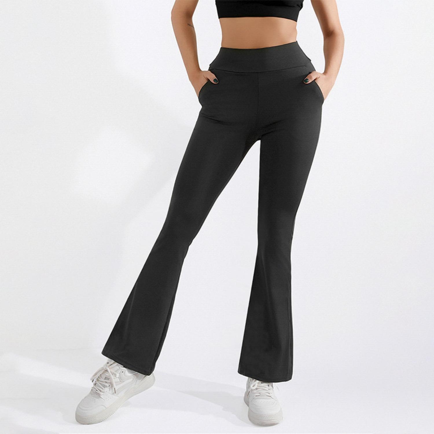 Women s High Waist Fleece Lined Flared Pants Pocket Yoga Leggings Plus Size S
