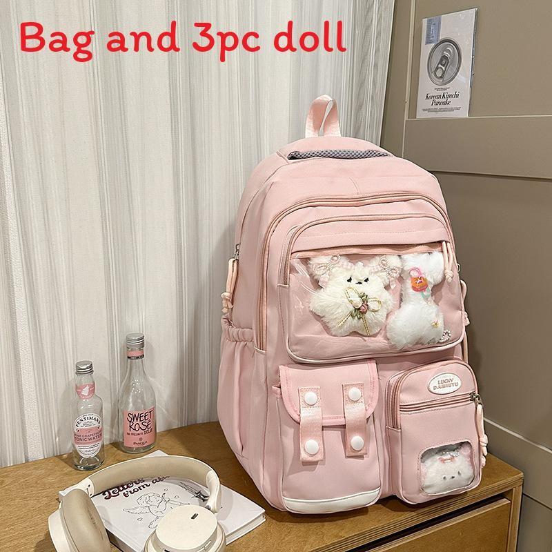 Color Solid Simple Student Backpack With Transparent Compartment And Decor Doll