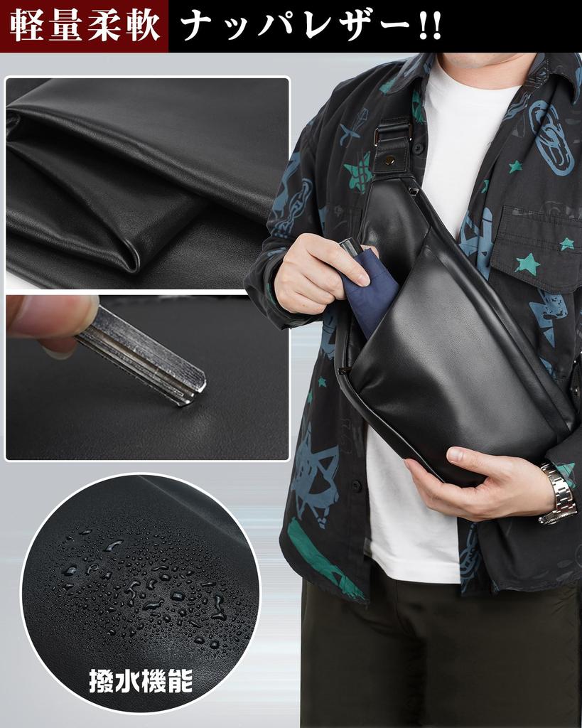 Masa Kawa Slim Genuine Leather Body Bag for Men, One-Shoulder Bag, Cowhide Leather Sling Bag, Lightweight, Water-Repellent, Black, Popular