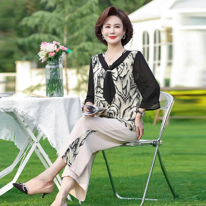 

Women s Cropped Sleeve Pants Set T-shirt Blouse Middle-aged Outfit Elderly Female Summer Chiffon Blouse Two-piece Piece set 5XL чорний