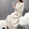 Women's Plus Velvet Thick Mid-Length Knit Sweater Dress - Loose Fit with Lace and Half-High Collar for Autumn and Winter