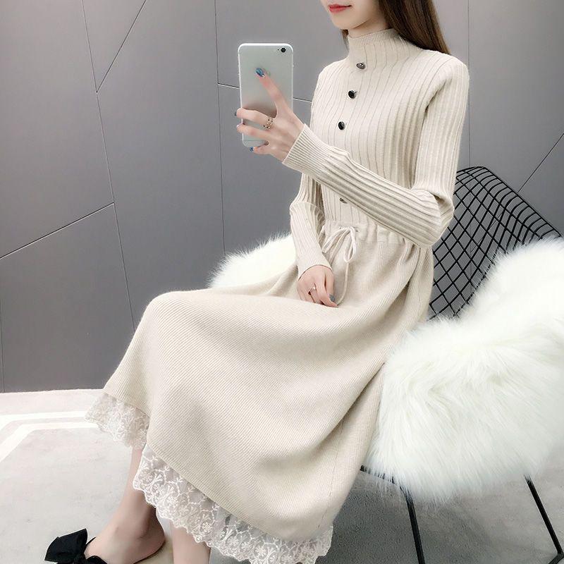 Women's Plus Velvet Thick Mid-Length Knit Sweater Dress - Loose Fit with Lace and Half-High Collar for Autumn and Winter