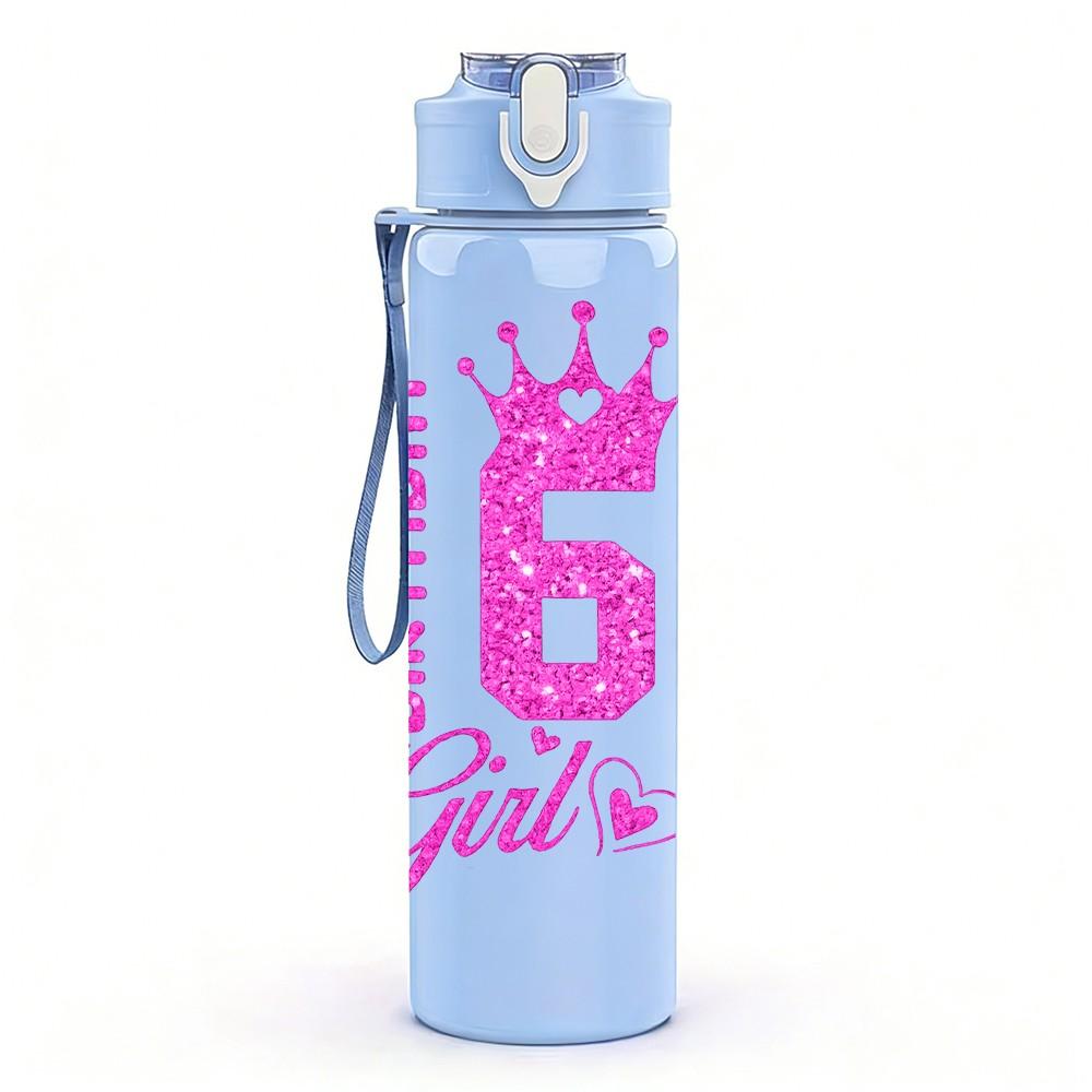 1PC 6 Birthday Girl Party Text Print 750ml Color Plastic Sports Water Bottle Leakproof Flip Straw Lid Suitable for Sports Office Home Use