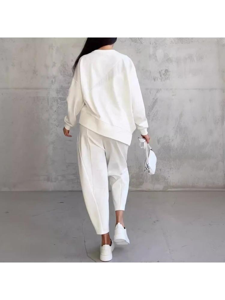 Women's Streetwear Comfortable Casual Workwear-Style Round-Neck Loose-Fit Asymmetrical Long-Sleeve Top and Trousers Set