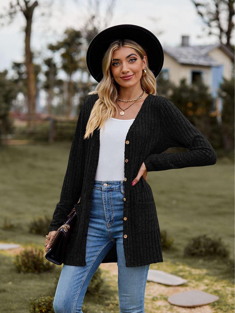 2023 Autumn Women's Brushed Ribbed Long Sleeve Cardigan Coat