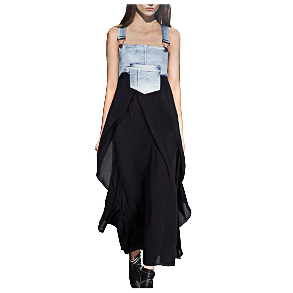 Women Summer Sleevele Strap Denim Dress Denim Chiffon Stitching Long Dress