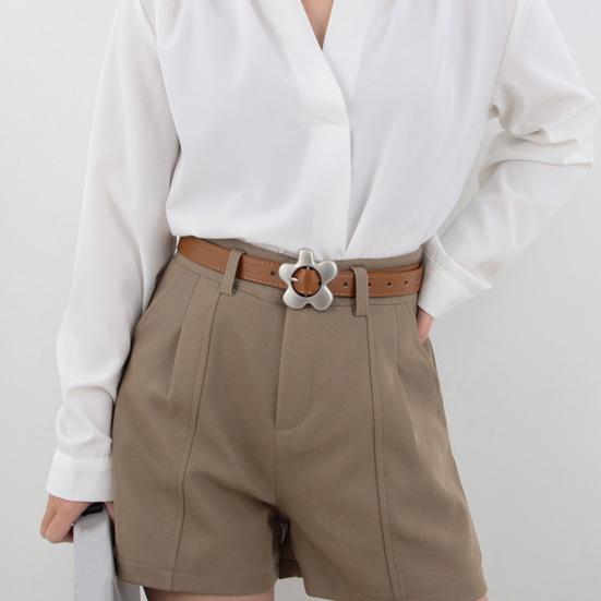 Imitation Leather Women Belt Metal Flower Pin Buckle Adjustable Design