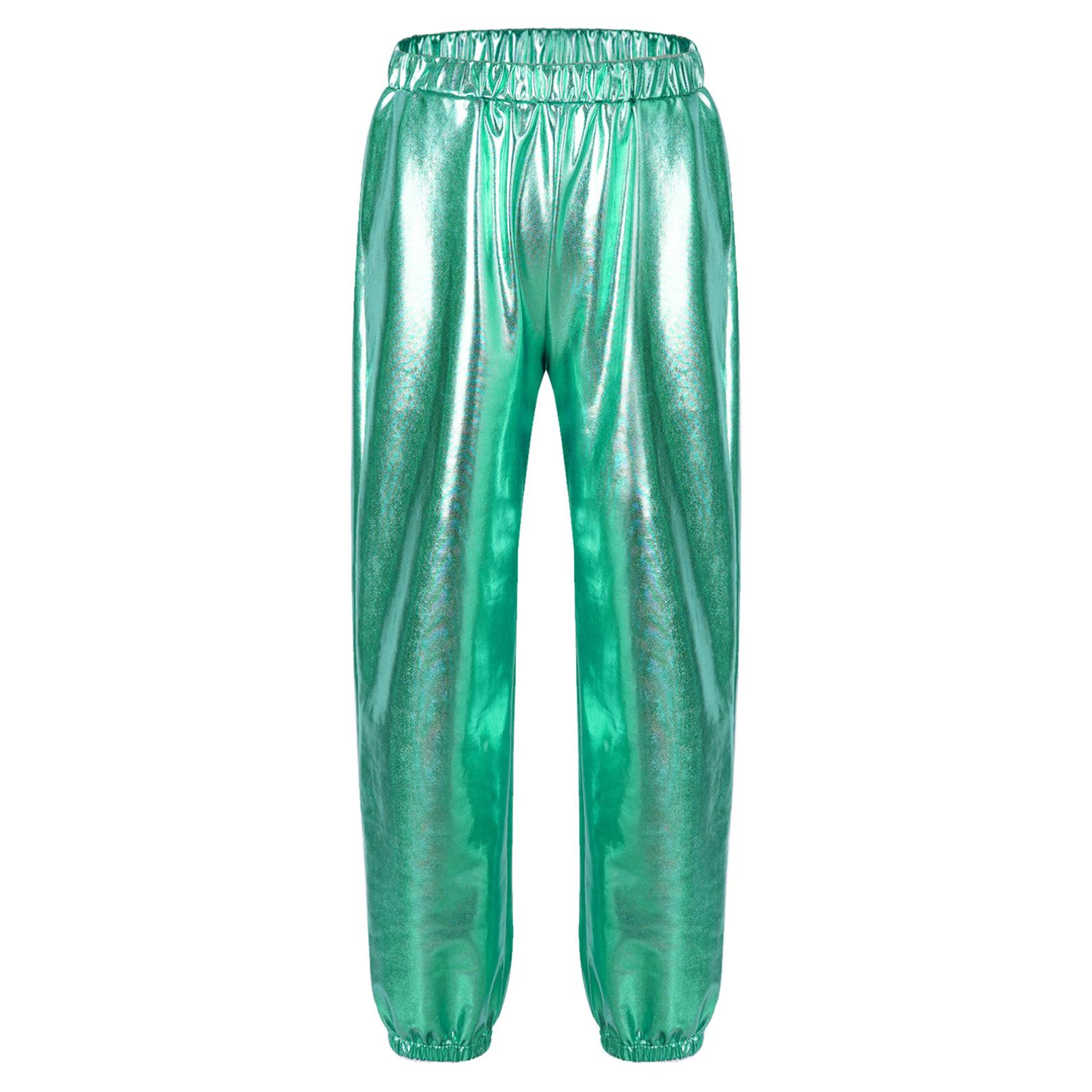

Дитячі глянцеві металеві гаремні вільні танцювальні штани Сучасний хіп-хоп вуличний танцювальний одяг Спортивні штани 10-12 Years зелений/синій