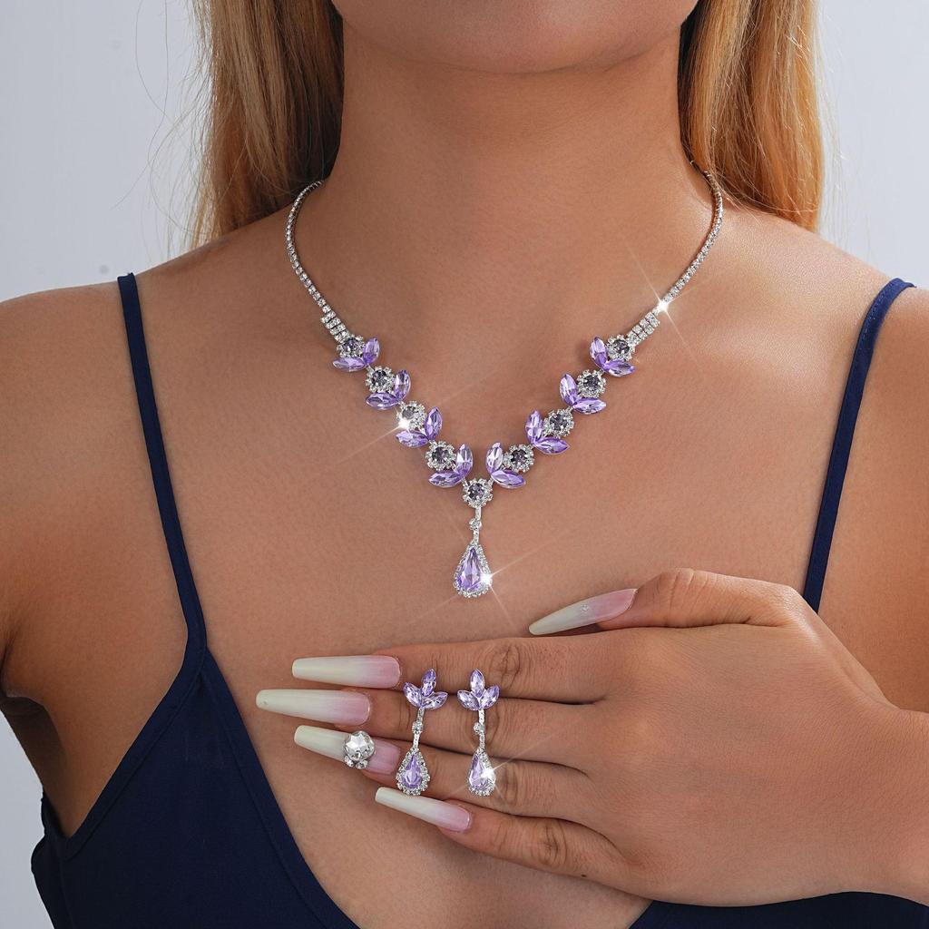 European-American Rhinestone Teardrop Necklace & Earring Set: Korean-Style Bridal Temperament Collarbone Chain Jewelry for Women