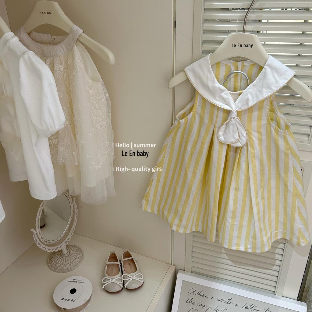 

Leenbaby Summer Girls Yellow Striped Sleeveless Dress with Peter Pan Collar 110 cm