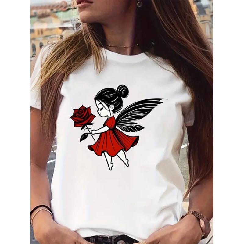 Rose Print, Fairy, Printed T-shirt, Casual Round-neck Short-sleeve Top, Suitable for Spring and Summer Wear, All-season, Women's Clothing