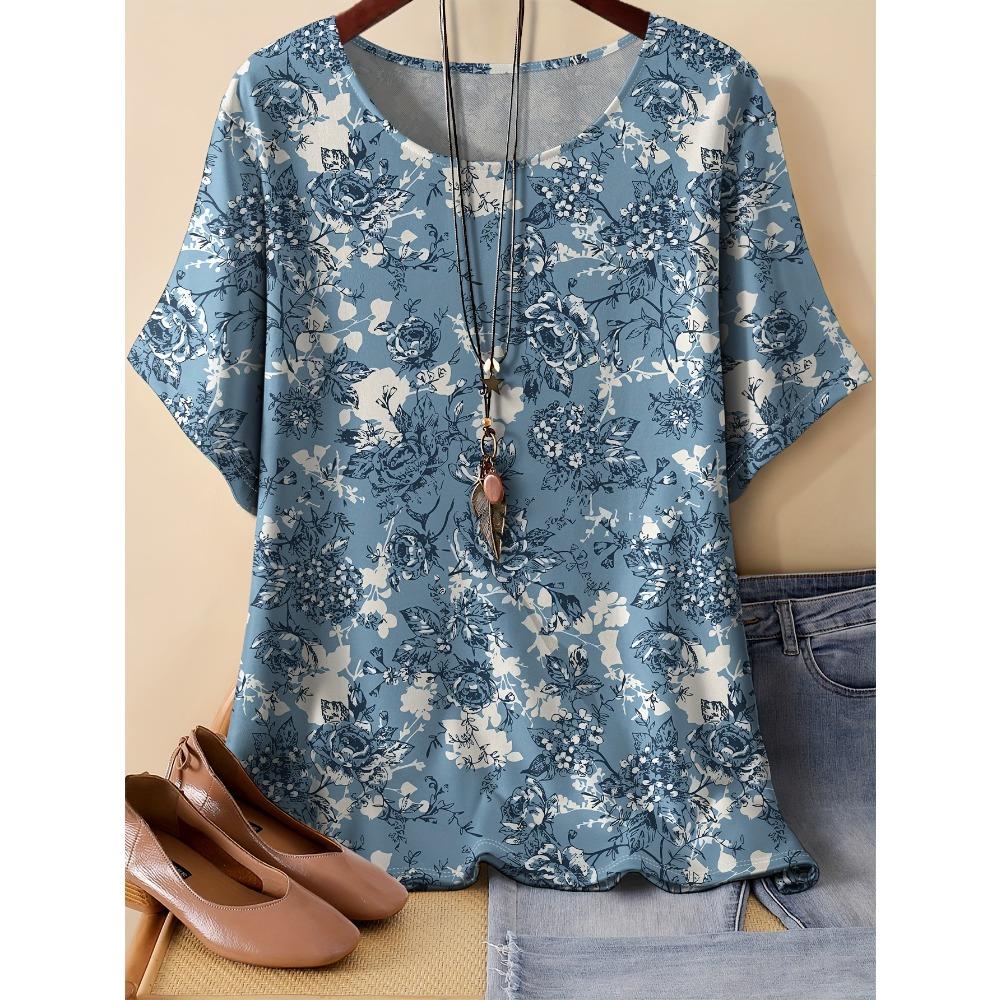 Summer Womens Retro Pattern 3D Printed Color Flowers T-shirt Loose Comfortable Soft Breathable Large Size Fashion O-neck T-shirt