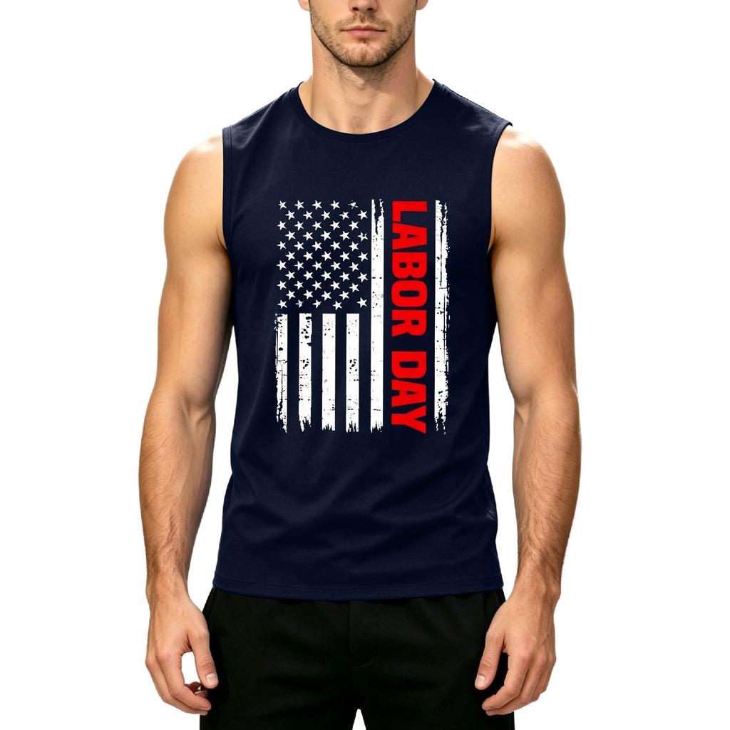 Men's Sleeveless Casual Tank Top with Printed American Flag and Labor Day Text Comfortable Fit for Summer Outdoor Activities