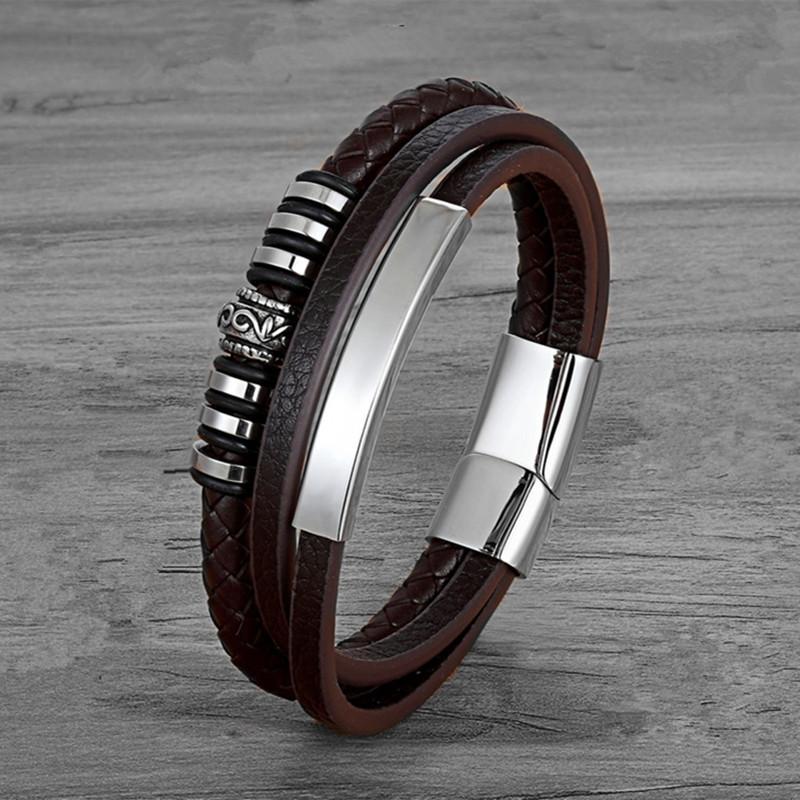 Custom Leather Stainless Steel Bracelet Bracelet Vintage Cowhide Braided Genuine Leather Titanium Steel Bracelet