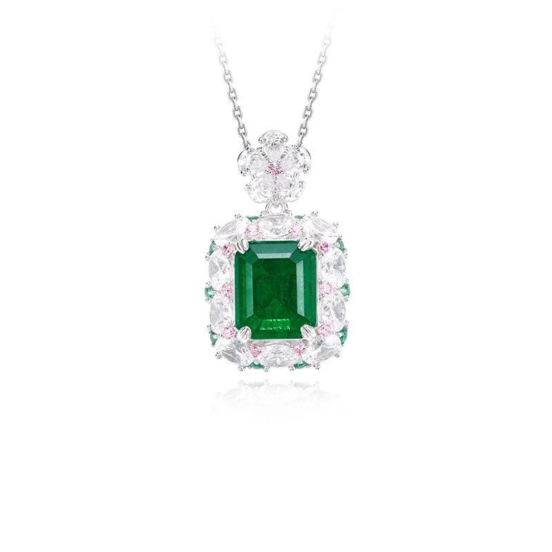 Vintage Green Diamond Pendant, Open Ring, Premium Stud Earrings, Luxury Setting, Cultivated Synthetic Emerald Set.