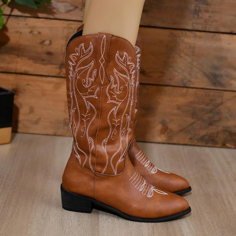 Shoes for Women 2024 High Quality Mid-Calf Women's Boots Outdoor Modern Boots Women Embroidery Slip-on Square Heel Ladies Shoes