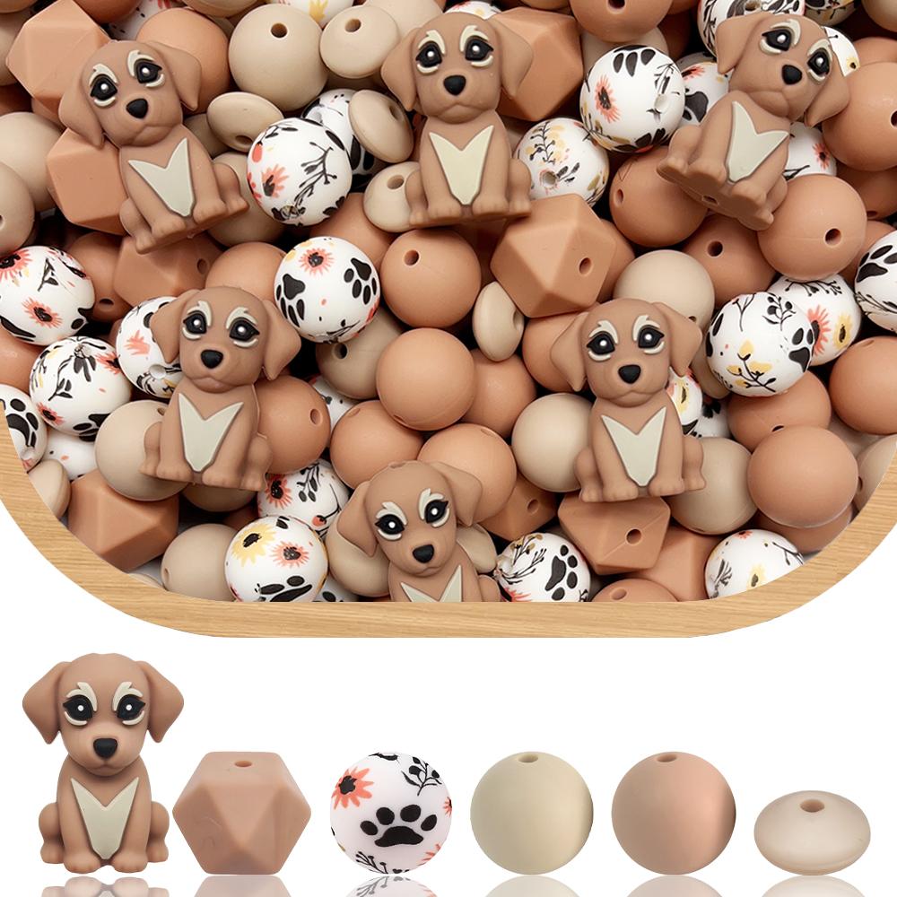 40PCS Brown Cute Dog Silicone Bead Set, perfect for DIY handmade crafts such as keychains, necklaces, bracelets, etc