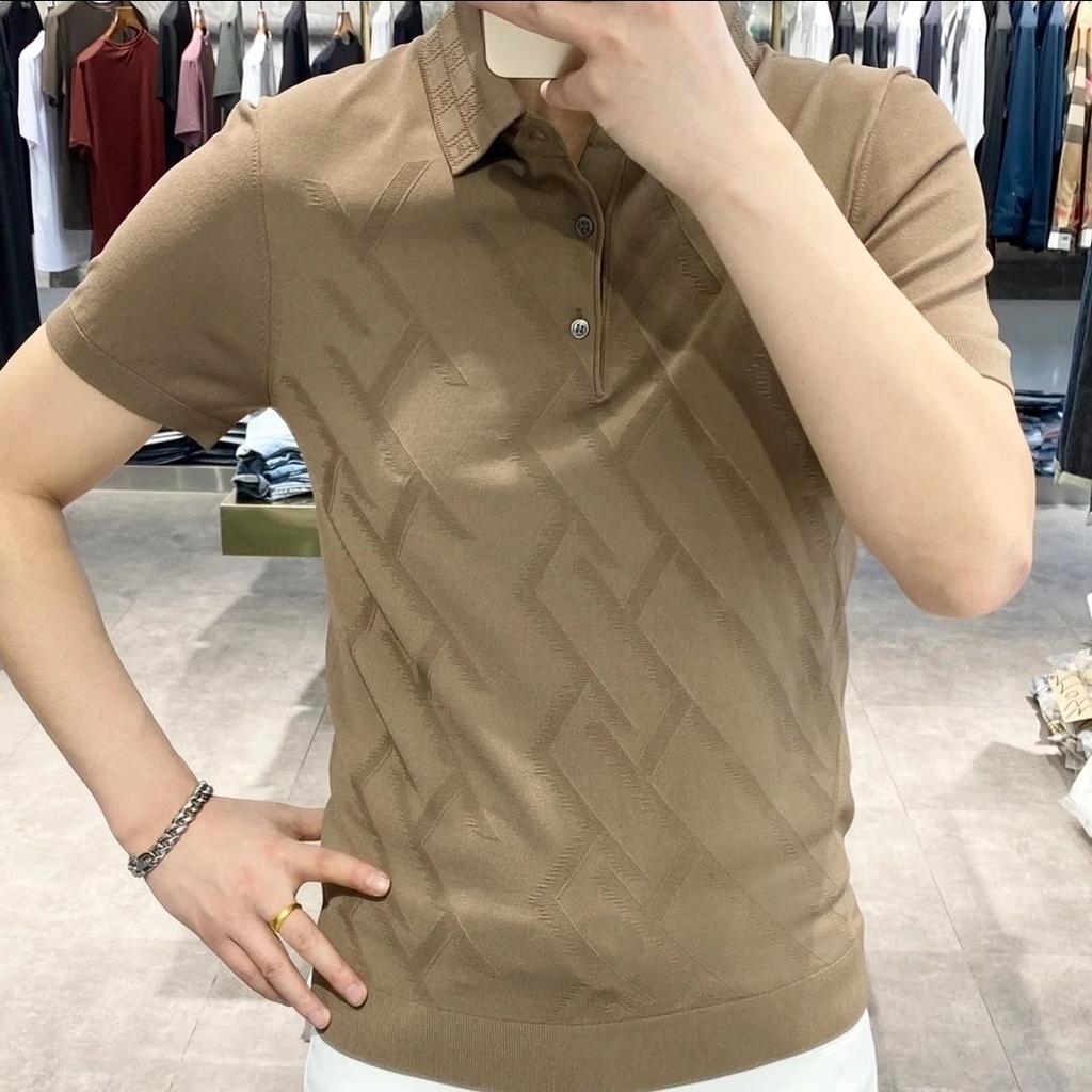 Men Korean Fashion Polo Collar Business Casual Knitted T Shirt Summer Solid Short Sleeve Breathable Tops