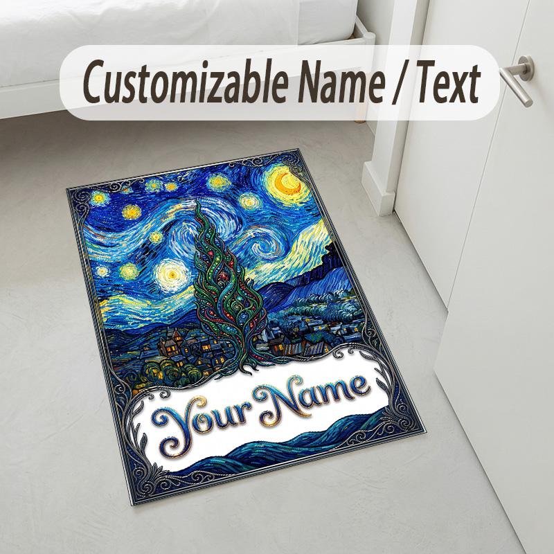 Starry Night Cat Theme Soft Crystal Velvet Rug Custom Name & Text Print Non Slip Floor Rug for Bedroom Living Room