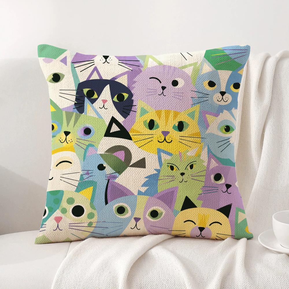Cushion Cover Cute Cat Print Linen Organic Fabric DoubleSided Printing Sofa Breathable Home Decor Gift Pillow Case