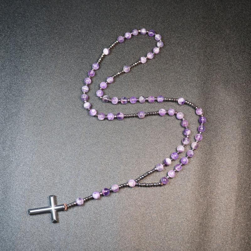 Amethist Rozenkrans Ketting – Roestvrij Staal Kruis Hanger, Kalme Intuïtie Bescherming Cadeau voor Vrouwen