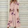 Floral Print V-Neck Mid-Sleeve Casual Dress with Pockets, Button Front, Loose Fit - White/Light Blue/Pink