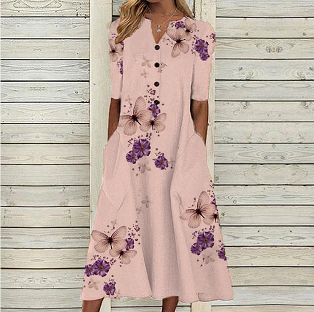 Floral Print V-Neck Mid-Sleeve Casual Dress with Pockets, Button Front, Loose Fit - White/Light Blue/Pink