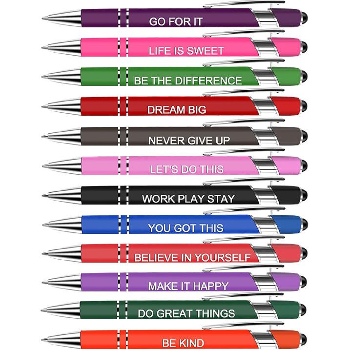 Enyeopd 12 Pcs Motivational pirational Quotes Ballpoint Pens Office Snarky Scriptures Pens with Stylus Tip, Funny Writing Pens for Teachers School 12 Color,Motivational