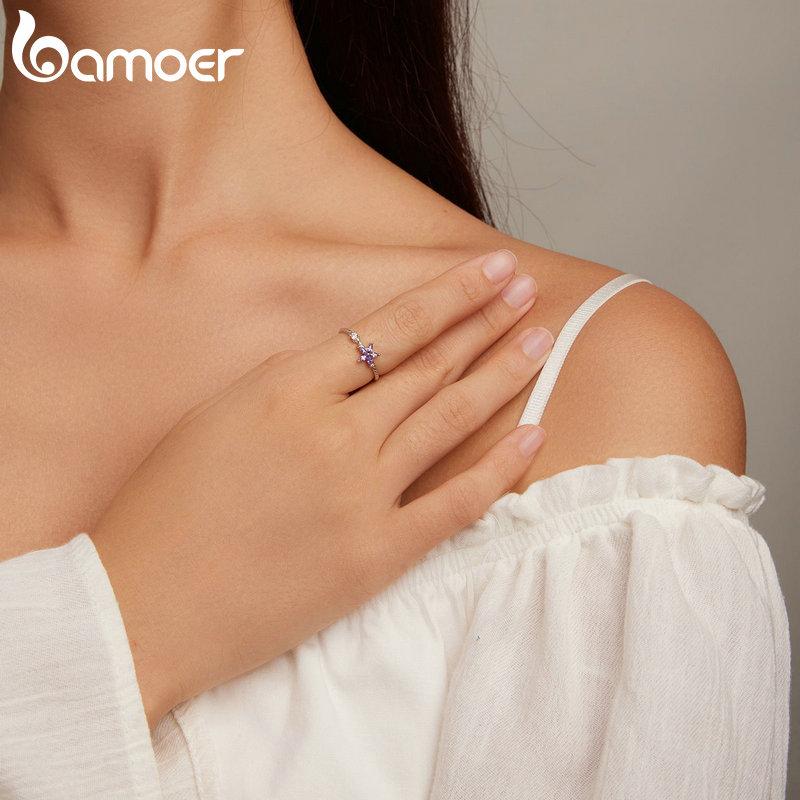 Bamoer 925 Sterling Silver Delicate Purple Zircon Dainty Flower Ring for Women Simple and Fashionable Rings