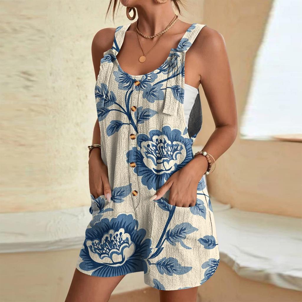 Women's Summer Fashion Loose Adjustable Overalls Retro Floral Print Casual Jumpsuit