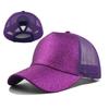 - Sequined and Mesh Fabric Baseball Cap with Exposed Ponytail. Available in Multiple Colors and Suitable for Summer.