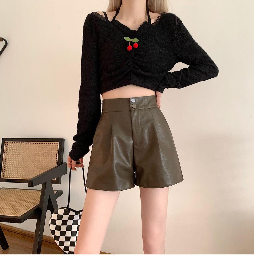 Kaffeefarbene PU-Leder High-Waist A-Linien-Shorts für Damen - Herbst/Winter Lässig Lockerer Schnitt, Hot Girl Stil, Bootcut-Hosen, Maillard-inspiriert.