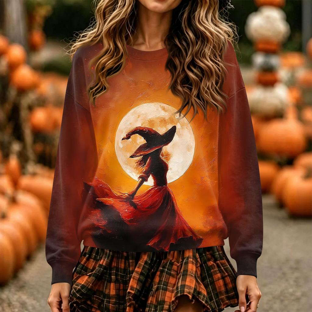 Women's Halloween Print Neck Pullover Sweatshirt, Long Sleeve Casual Fashion Top