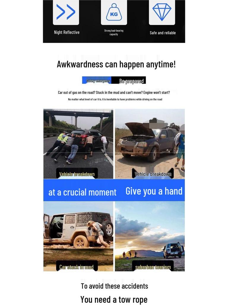 Heavy Duty Car Tow Rope, 5-10 Ton, Reflective Off-Road SUV Towing Strap