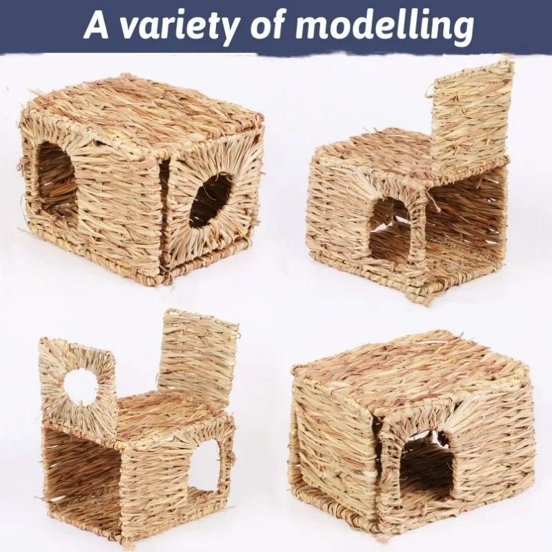 Grass House Rabbit Foldable Woven Rabbit Cages Hamster Guinea Pig Grass Chew Toy Mat House Bed Nests Small-scale Pet Accessories