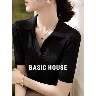 Základní dámský pletený top Basic House s výstřihem do V a krátkým rukávem