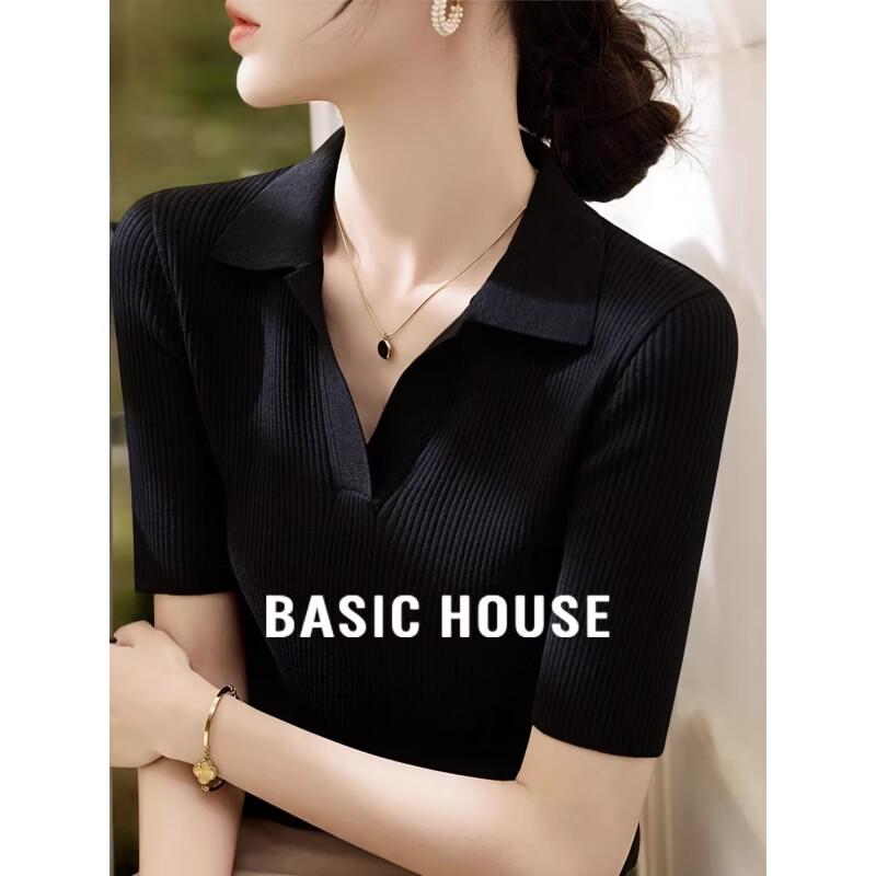Basic House Women s V-Neck Short Sleeve Knit Top M
