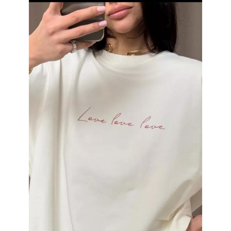 Women's Short Sleeve Letter Print Tee Round Neck Loose Fit Casual Vintage Summer T-Shirt