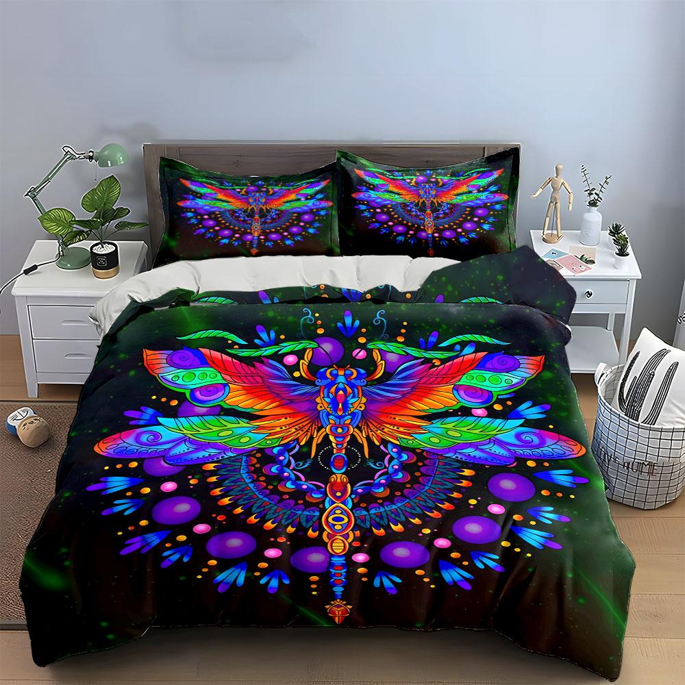 Buntes Libellenmuster Set Dekoration Bettwäsche Set mit 1 Bettbezug 2 Kissenbezügen Einzel Doppel King Queen Geschenk