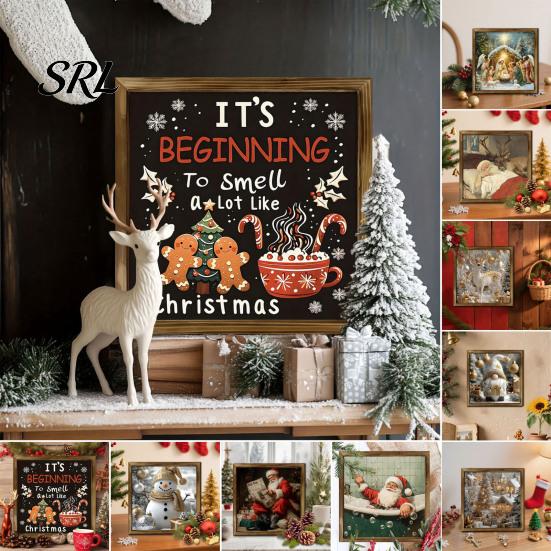 Zesílený 2D Dřevěný Umělecký Vánoční Dekorativní Obraz, 7,9" Retro Rámeček na Fotografie Závěsný na Zeď Dárek pro Rodinu Ozdoba Santa Claus/Sněhulák/Skřítek/Sob