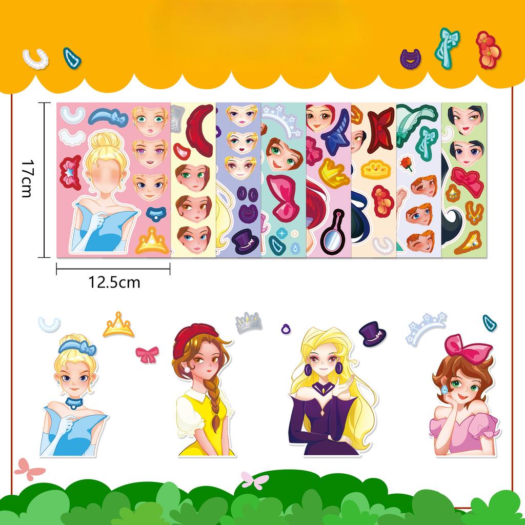 8 Styles/bag Princess Face Swap Set Stickers Cartoon Cute Children Baby Puzzle DIY Early Education Puzzle Stickers
