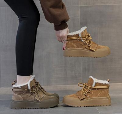 Fashion Genuine Leather High Top Thick Sole Snow Boots with Fur and Grass Integrated Lining Wool Cotton Insulation Women Cotton Shoes