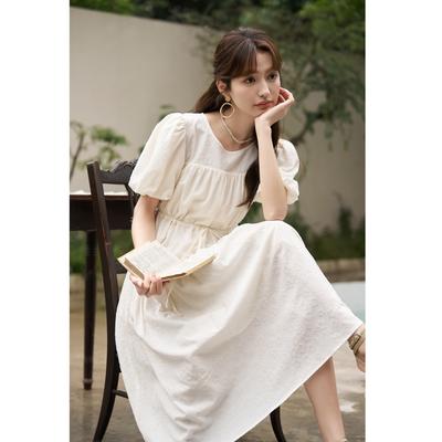 Dress for Women 2023 Summer French Style Solid Commuter Loose O-neck Puff Sleeve Pullover A-line Dress MXC38L1415