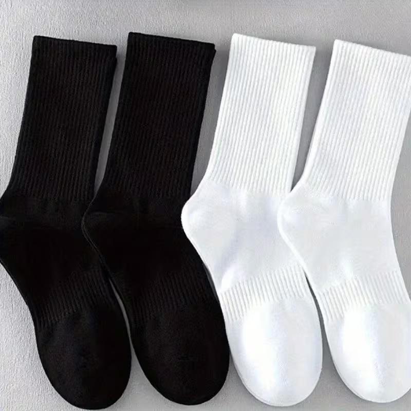 Soild Cotton Sports Socks Mid Calf Black White Stockings Soft Breathable Athletic Socks Soft Comfortable Solid Hosiery